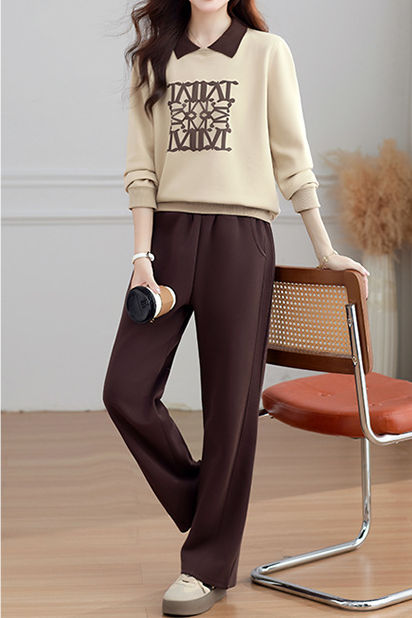Casual Fake Lapel Printed Sweatshirt & High Waist Elastic Wide Leg Pants Set