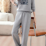 Casual Fake Lapel Printed Sweatshirt & High Waist Elastic Wide Leg Pants Set