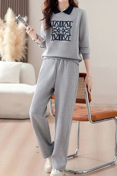 Casual Fake Lapel Printed Sweatshirt & High Waist Elastic Wide Leg Pants Set