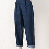 Casual Pleated Cuff Straight Leg Denim Pants