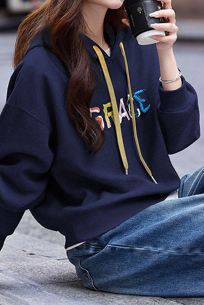 Casual Drawstring Letter Embroidered Hooded Sweatshirt