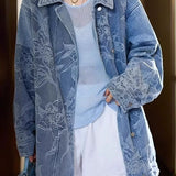 Casual Vintage Washed Floral Textured Raw Edge Denim Jacket
