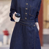 Casual Lapel Waist-Tied Long Sleeve Denim Dress