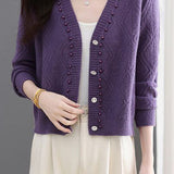 Exquisite Elegant V-Neck Rhombus Texture Beaded Knit Cardigan
