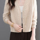 Exquisite Elegant V-Neck Rhombus Texture Beaded Knit Cardigan