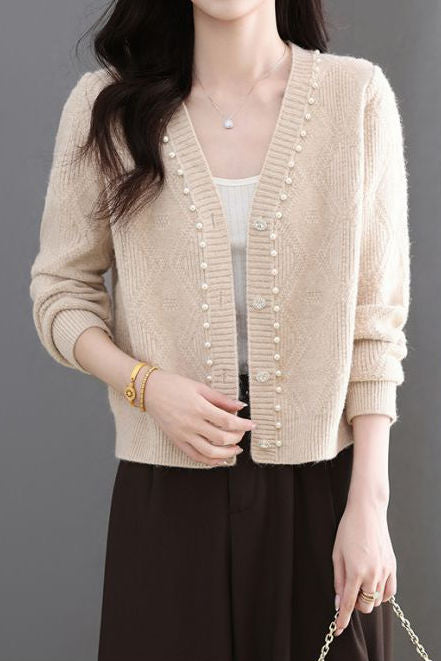 Exquisite Elegant V-Neck Rhombus Texture Beaded Knit Cardigan