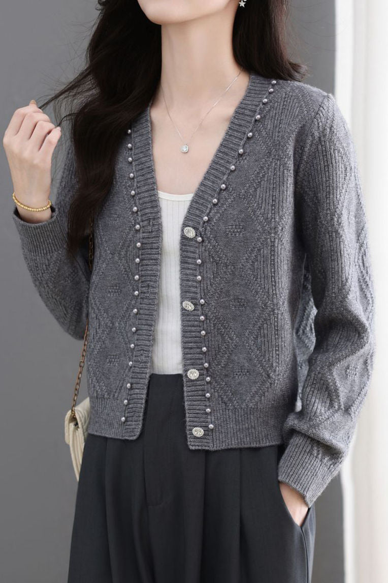Exquisite Elegant V-Neck Rhombus Texture Beaded Knit Cardigan