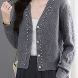 Exquisite Elegant V-Neck Rhombus Texture Beaded Knit Cardigan