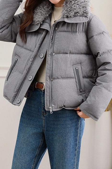 Gentle Elegant Lamb Fur Collar Zipper Long Sleeve Cotton Coat