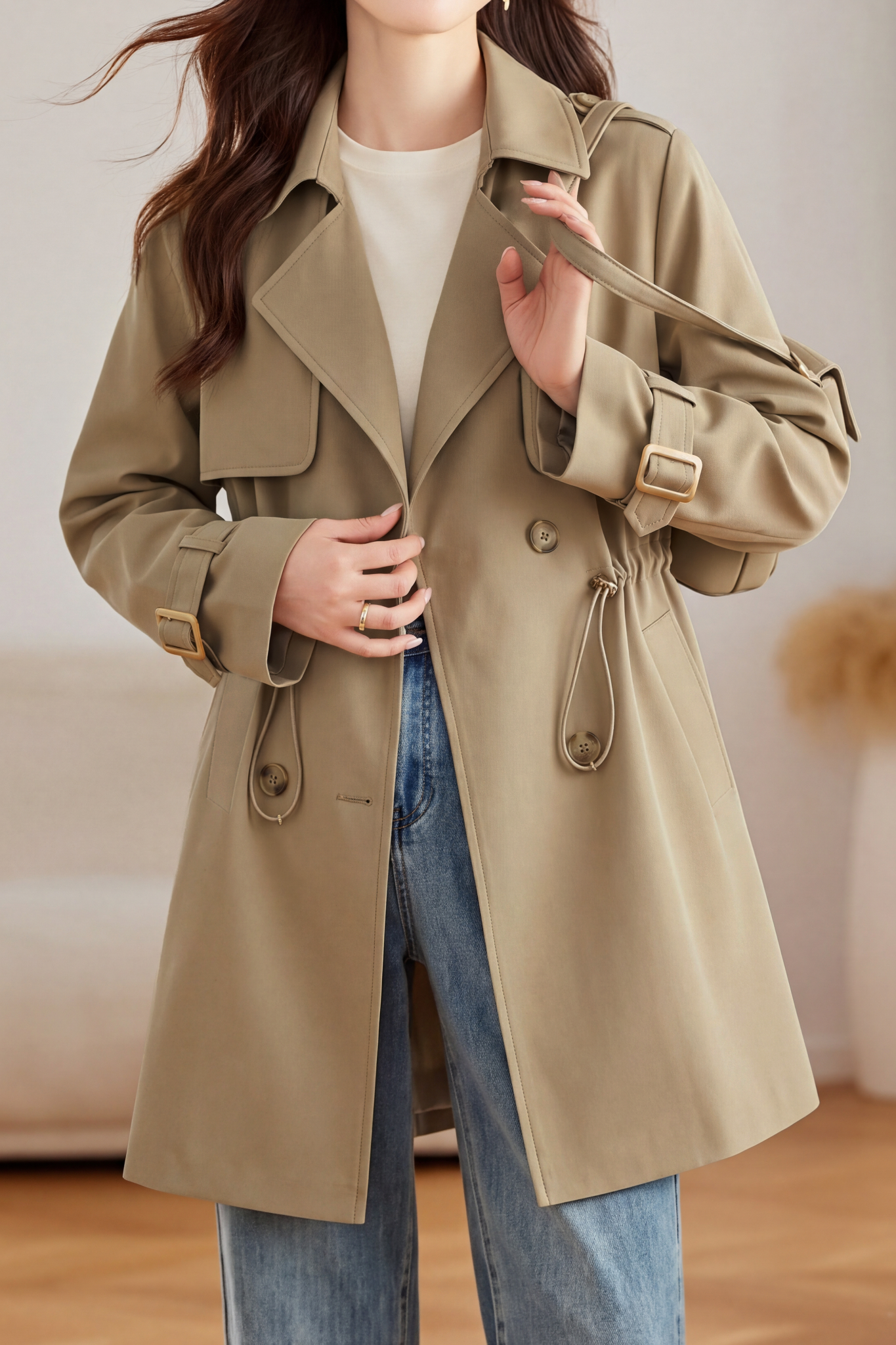 Elegant Lapel Drawstring Waist Mid-Length Trench Coat - liwisi