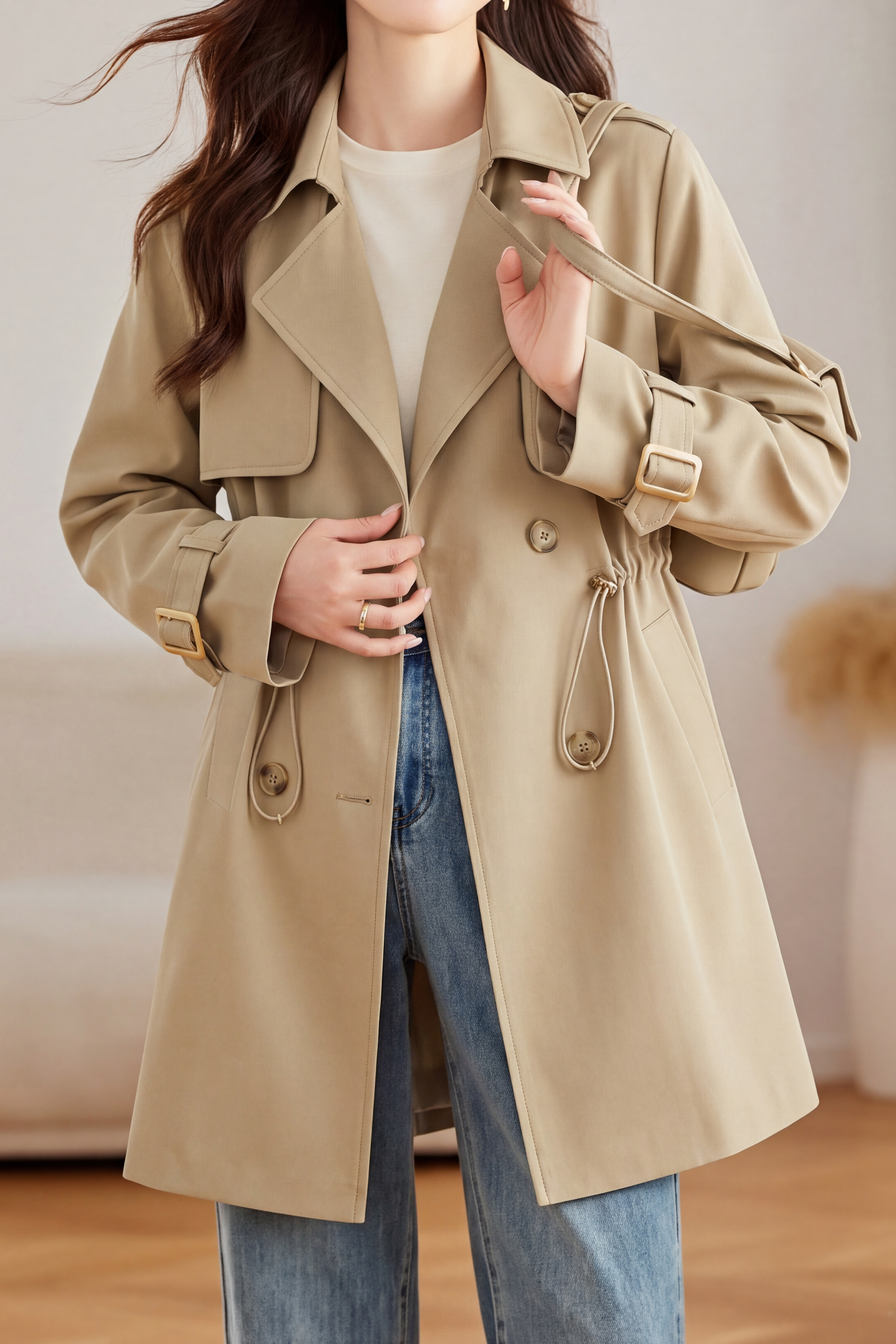 Elegant Lapel Drawstring Waist Mid-Length Trench Coat