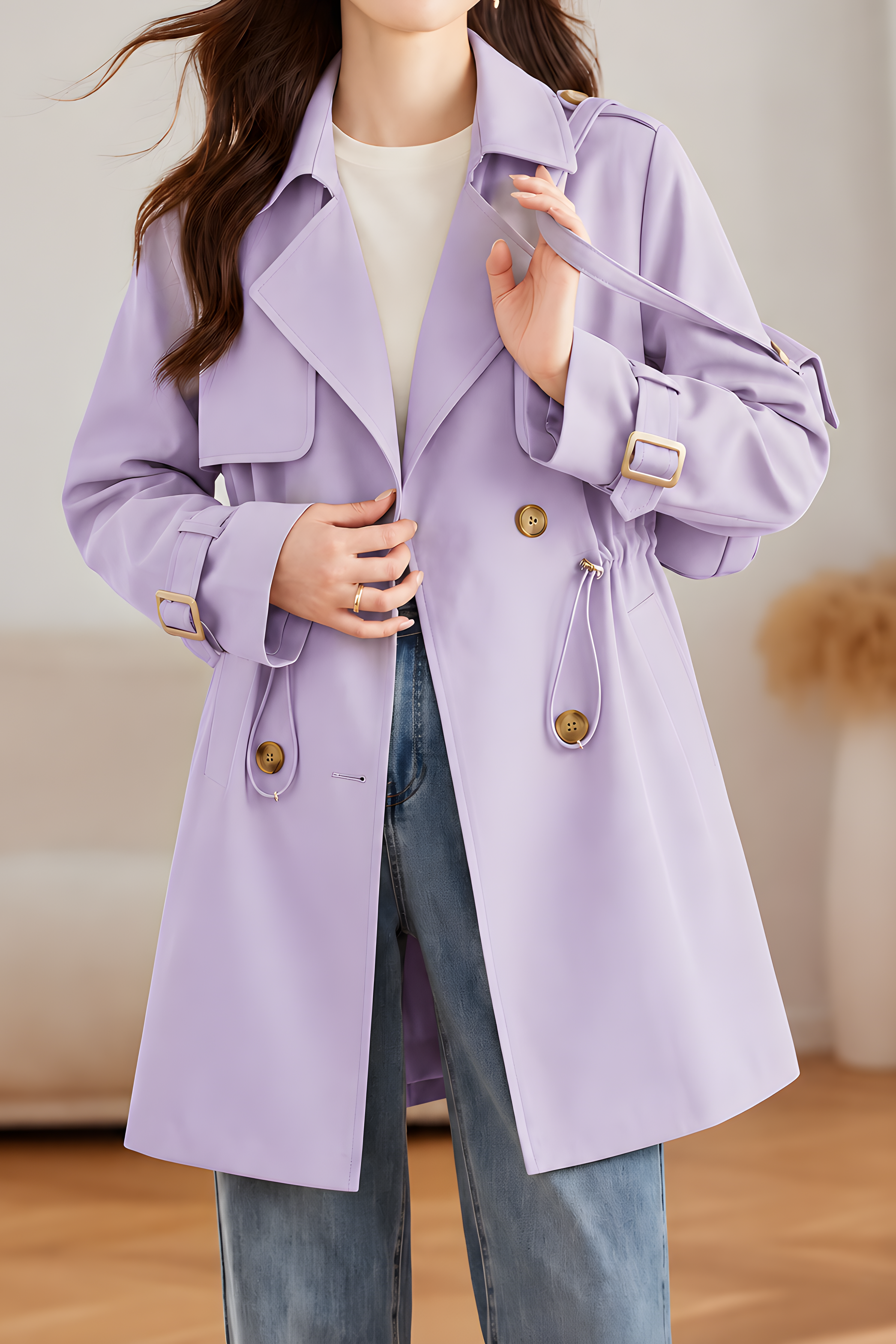 Elegant Lapel Drawstring Waist Mid-Length Trench Coat