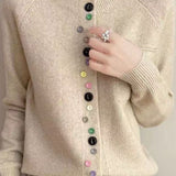 Elegant Round Neck Irregular Color Button Knit Cardigan