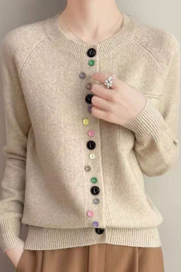 Elegant Round Neck Irregular Color Button Knit Cardigan