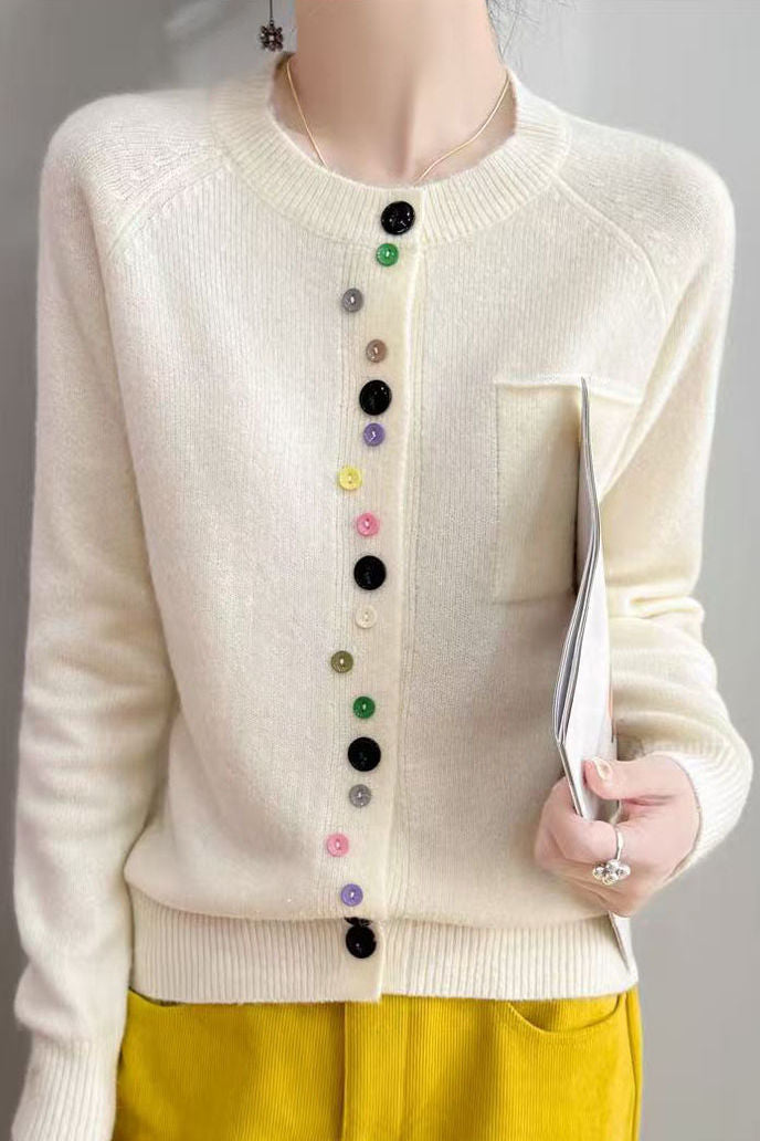 Elegant Round Neck Irregular Color Button Knit Cardigan
