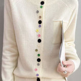 Elegant Round Neck Irregular Color Button Knit Cardigan