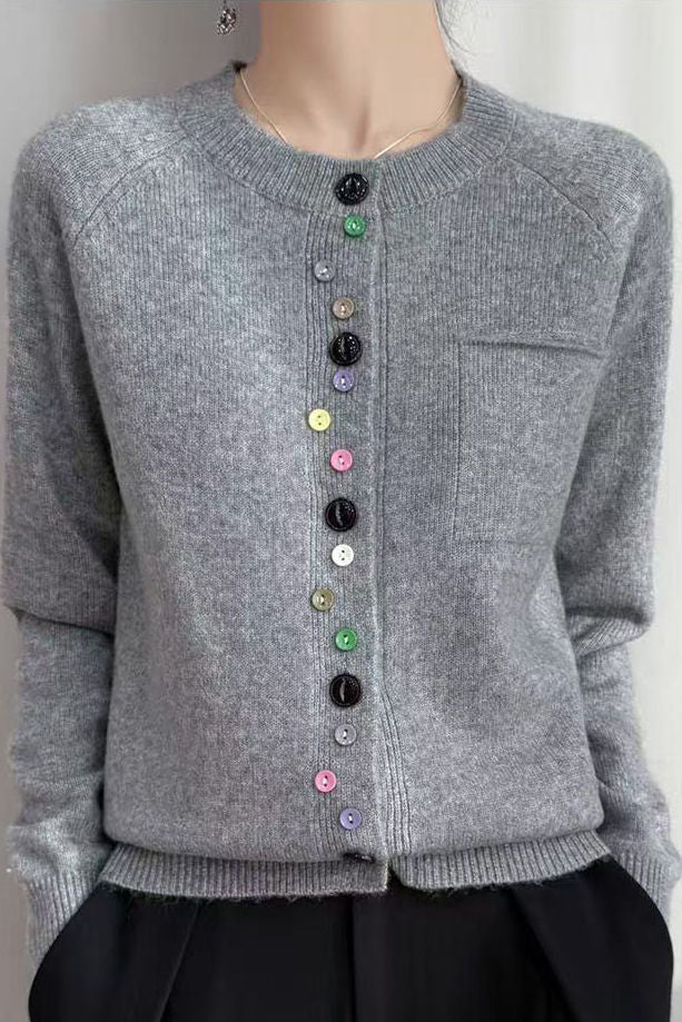 Elegant Round Neck Irregular Color Button Knit Cardigan