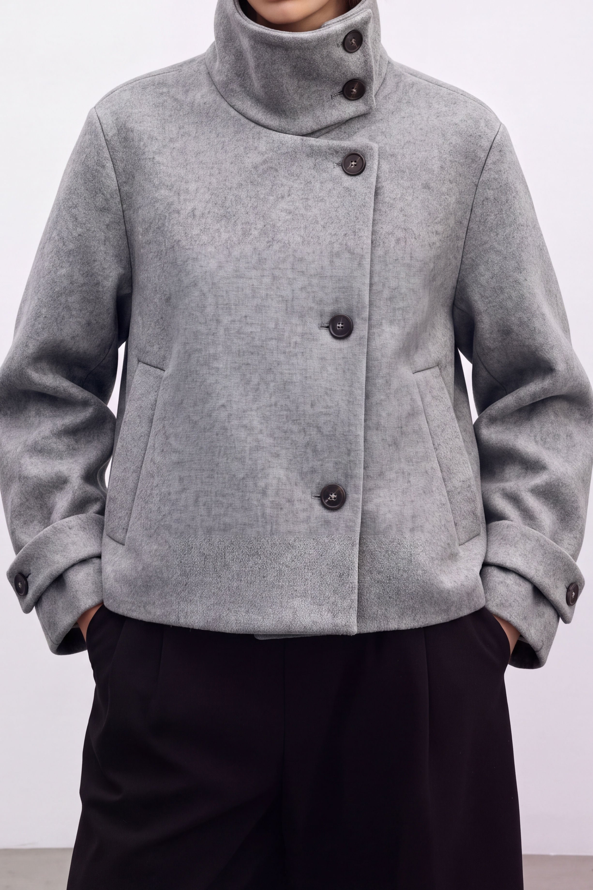 Casual Stand Collar Asymmetric Button Short Long Sleeve Jacket