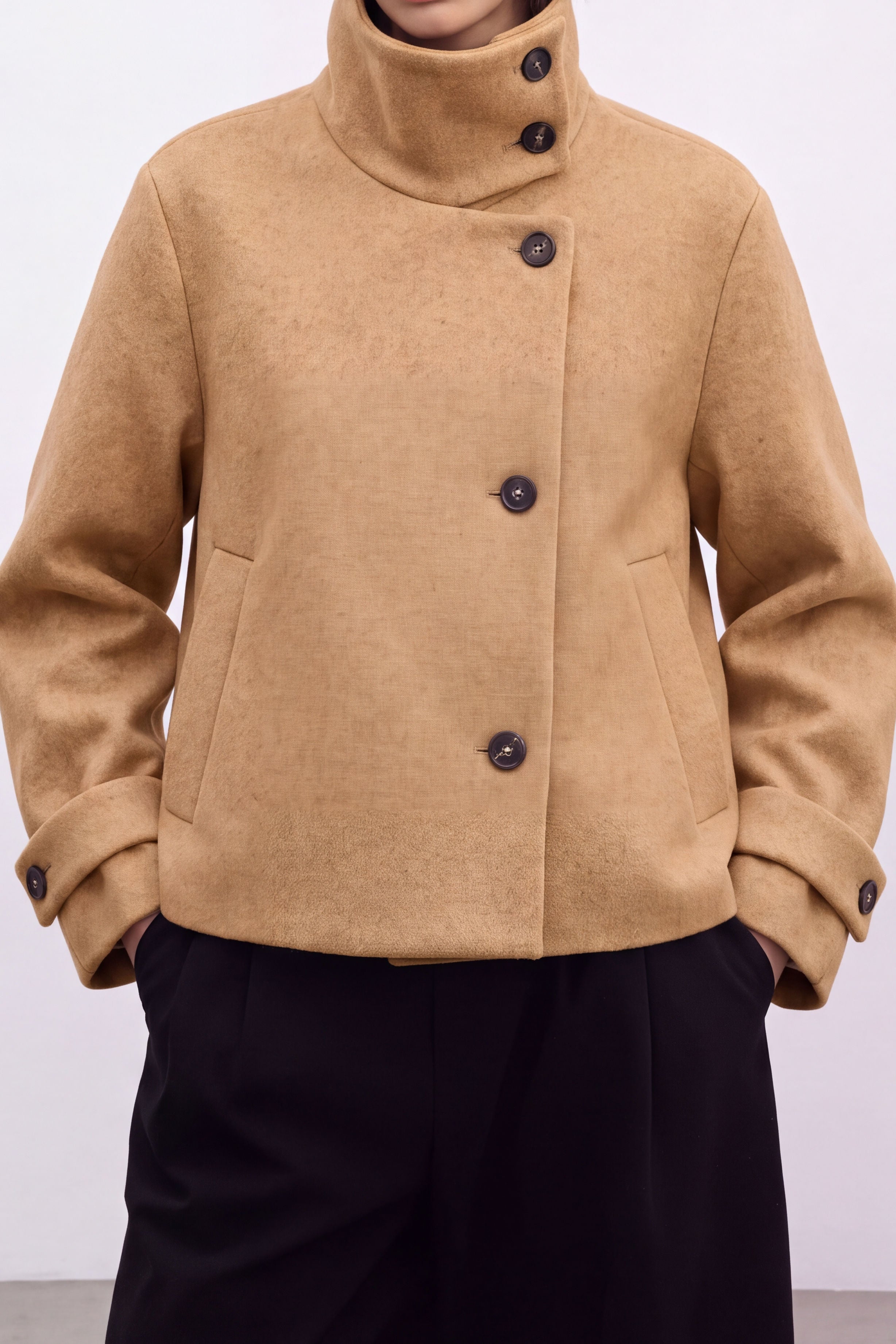 Casual Stand Collar Asymmetric Button Short Long Sleeve Jacket