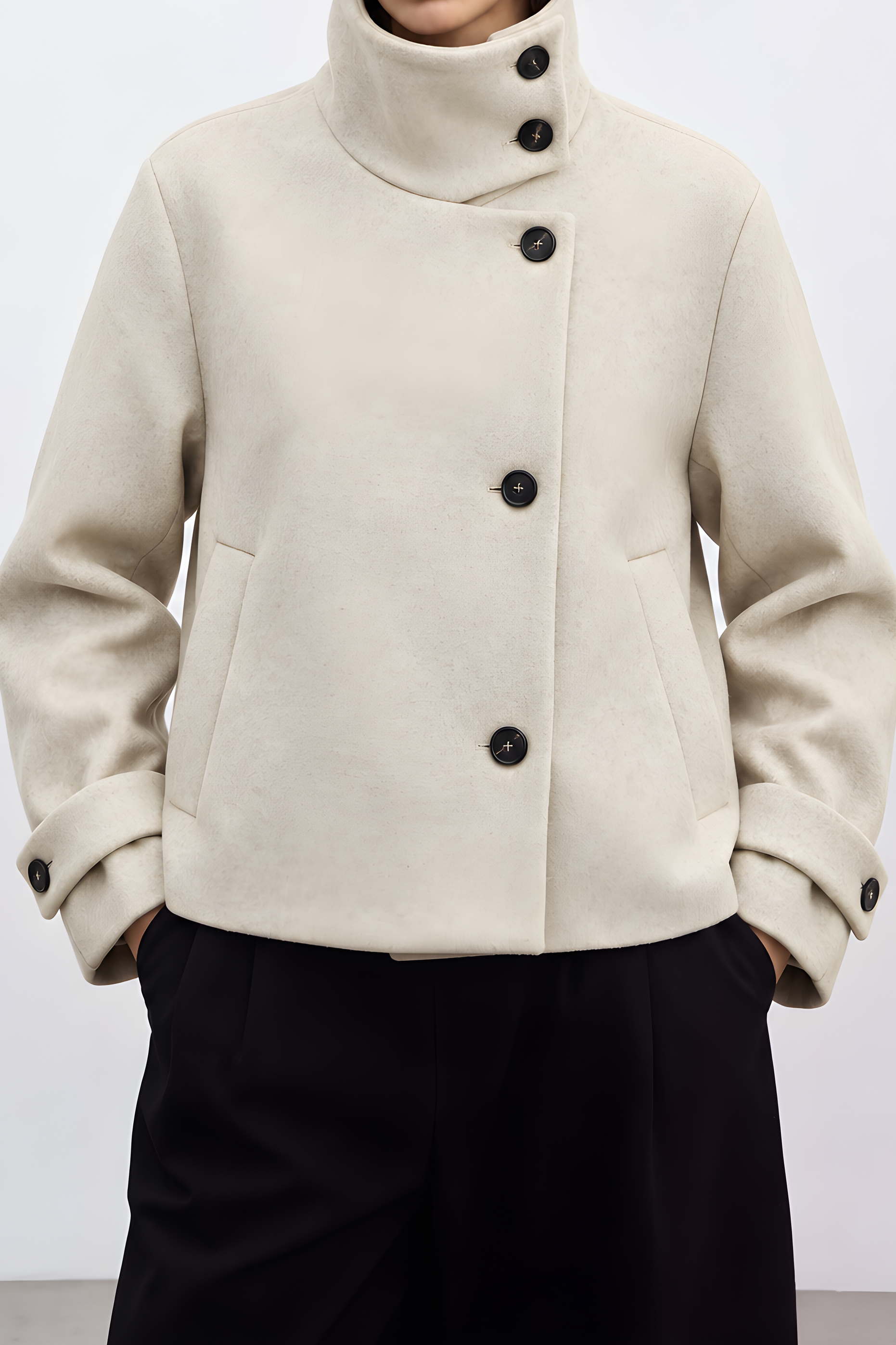 Casual Stand Collar Asymmetric Button Short Long Sleeve Jacket