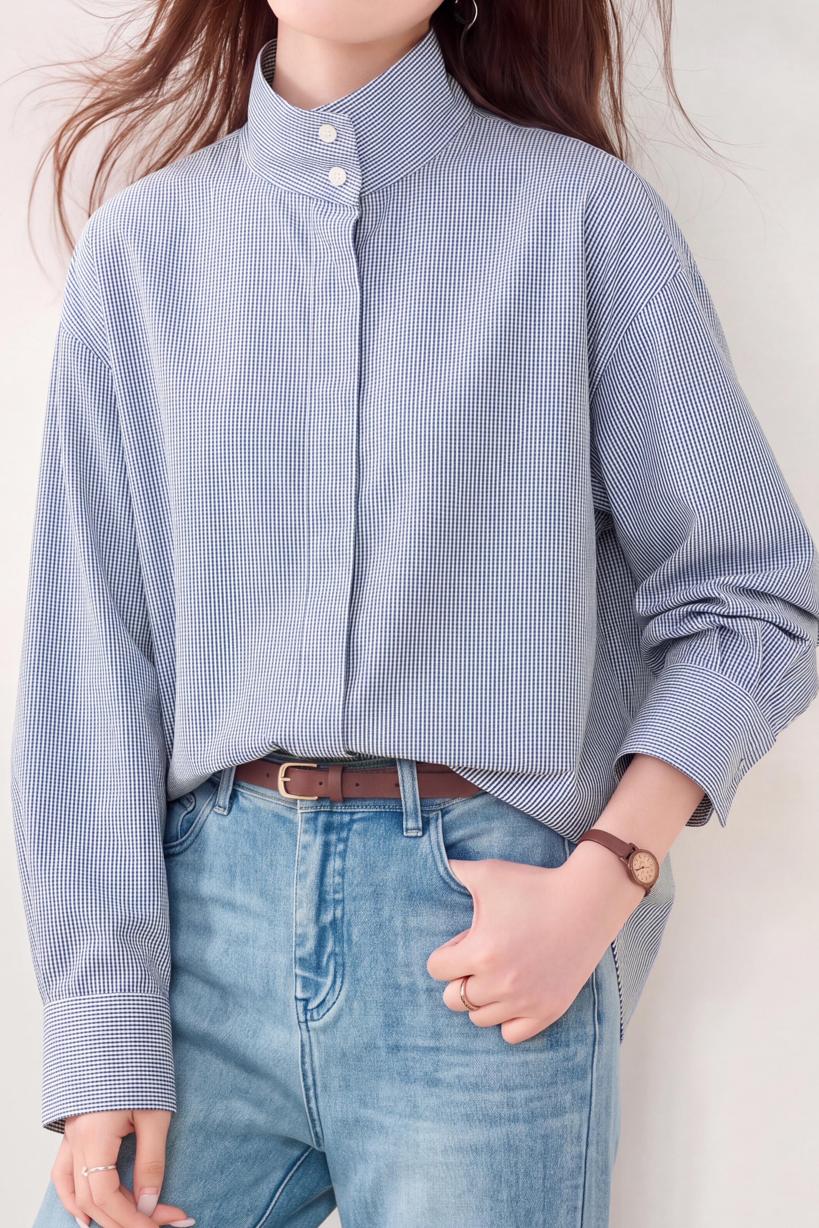 Casual Small Stand Collar Striped Long Sleeve Shirt