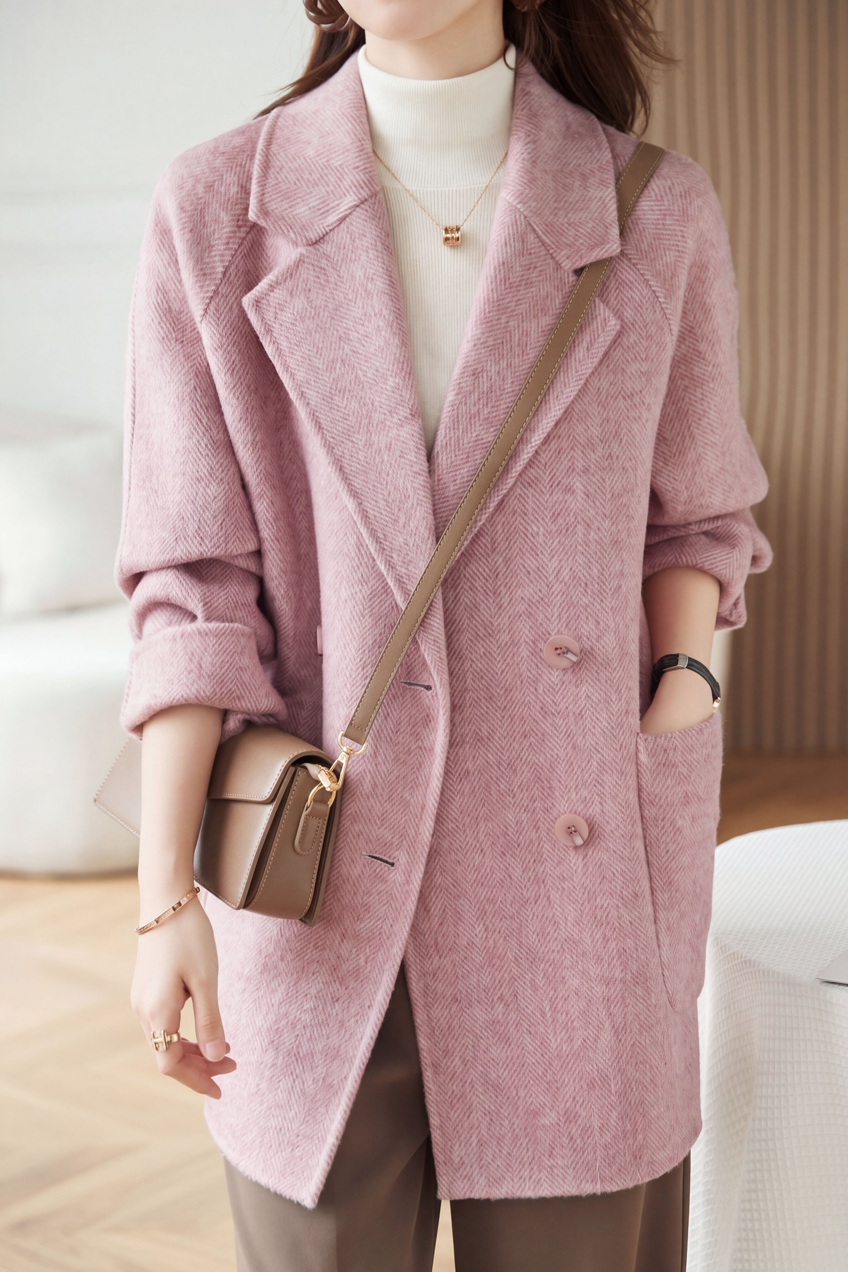 Elegant Lapel Herringbone Mid-Length Wool Coat
