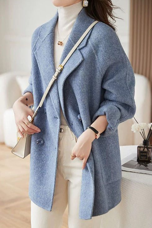 Elegant Lapel Herringbone Mid-Length Wool Coat