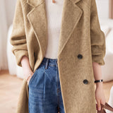 Elegant Lapel Herringbone Mid-Length Wool Coat