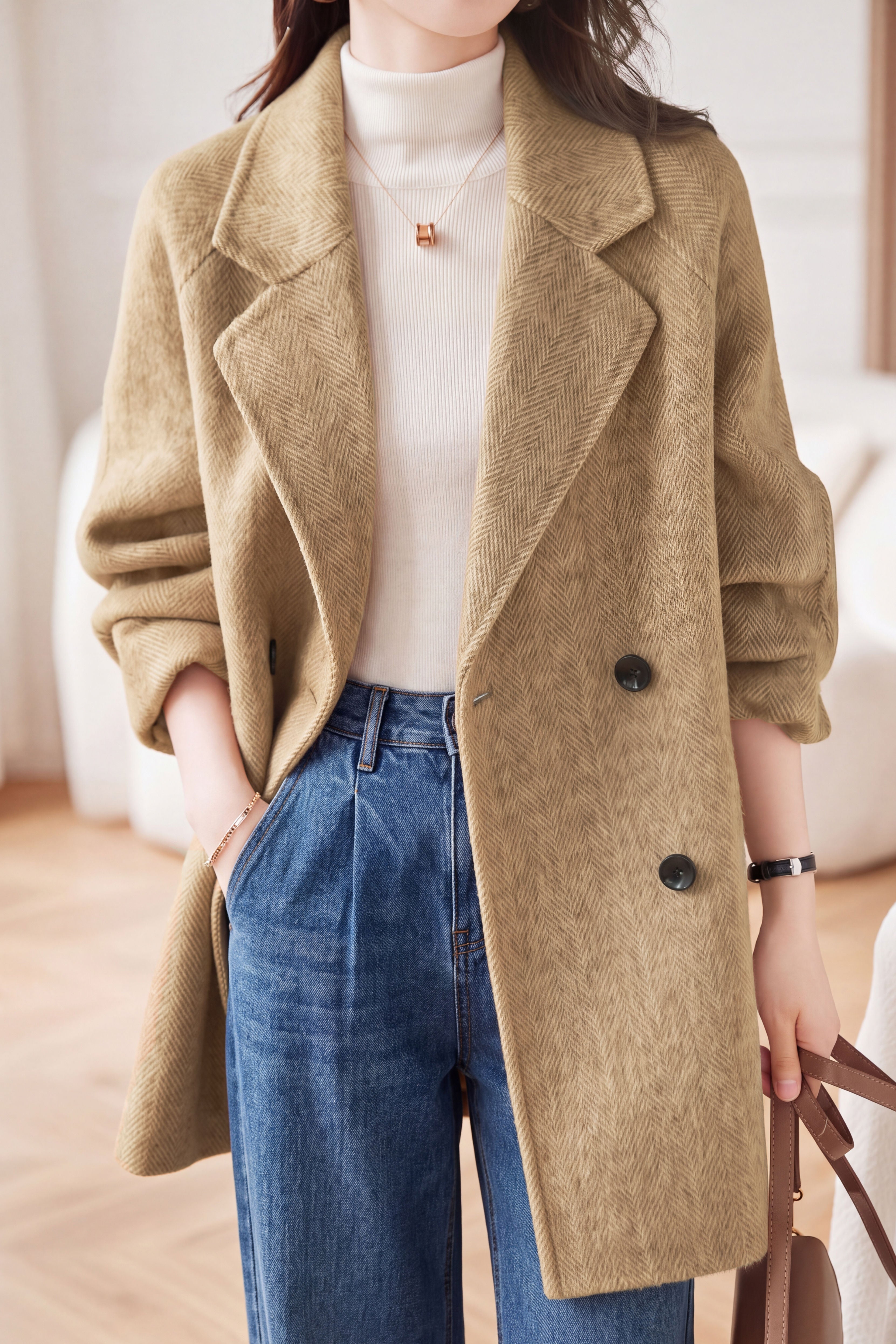 Elegant Lapel Herringbone Mid-Length Wool Coat