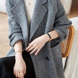 Elegant Lapel Herringbone Mid-Length Wool Coat