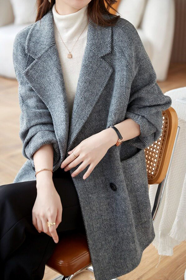 Elegant Lapel Herringbone Mid-Length Wool Coat