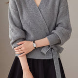 Elegant V-Neck Cross Tie Long Sleeve Knit Cardigan