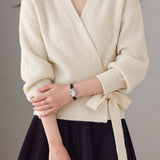 Elegant V-Neck Cross Tie Long Sleeve Knit Cardigan