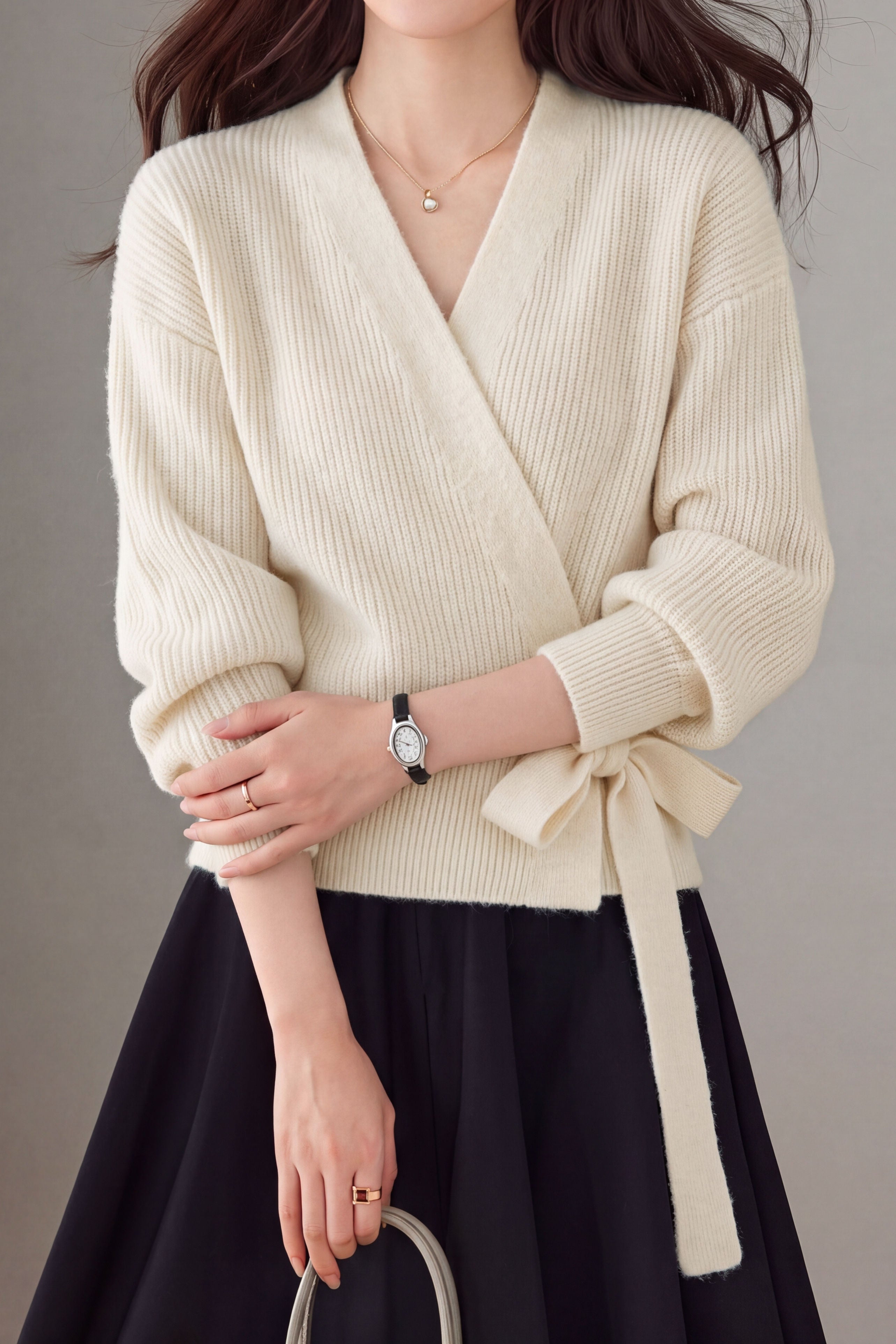 Elegant V-Neck Cross Tie Long Sleeve Knit Cardigan