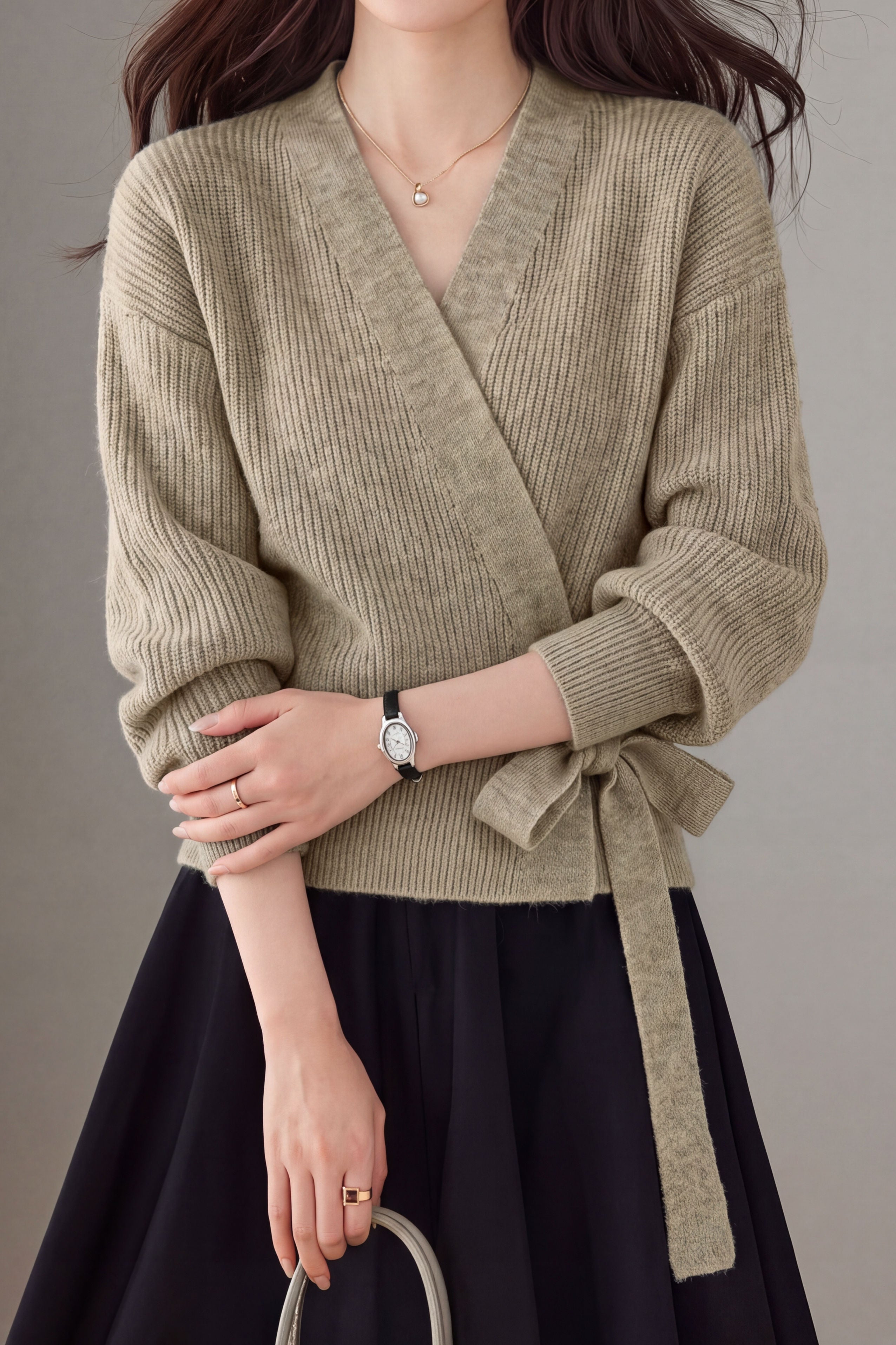 Elegant V-Neck Cross Tie Long Sleeve Knit Cardigan