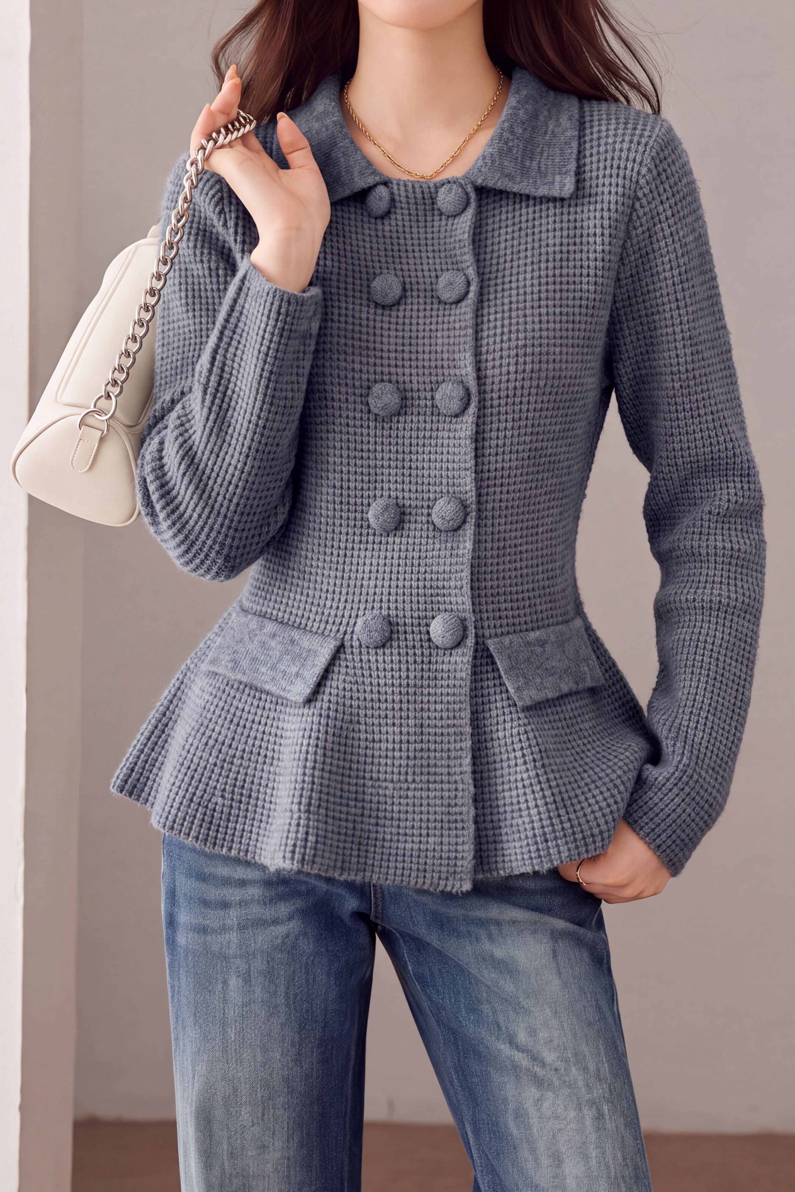 Exquisite Elegant Lapel Double‑Breasted Long Sleeve Knit Cardigan