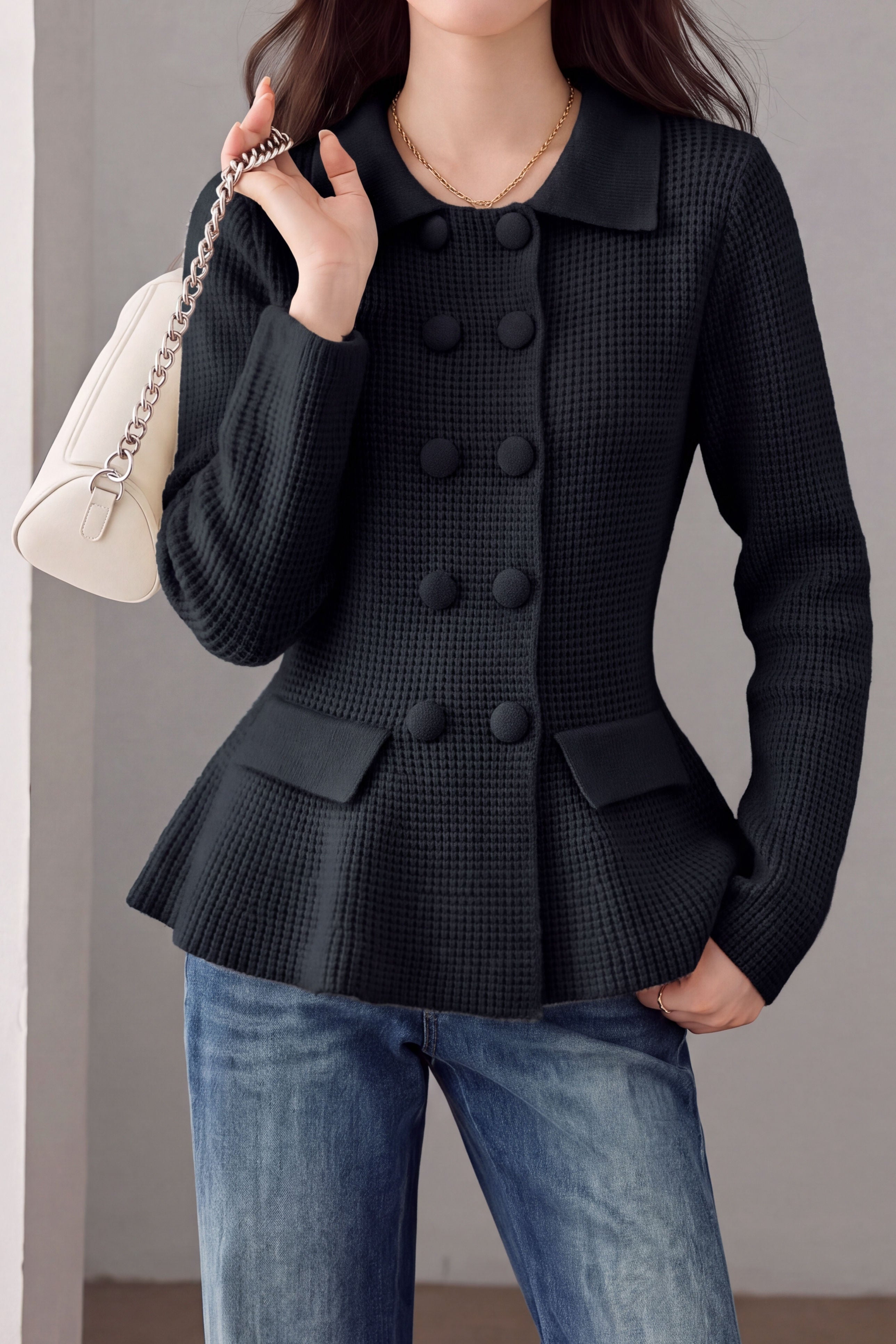 Exquisite Elegant Lapel Double‑Breasted Long Sleeve Knit Cardigan