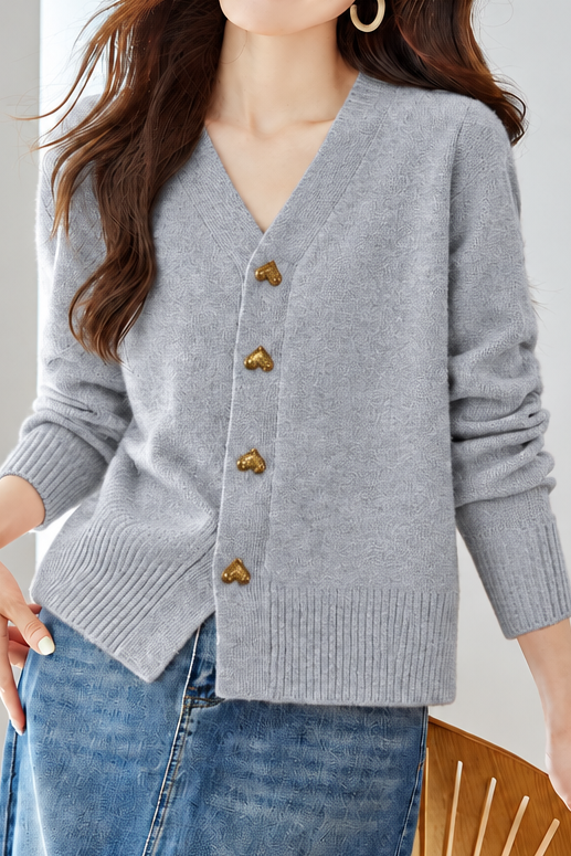 Gentle Elegant V‑Neck Heart Button Long Sleeve Knit Cardigan
