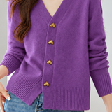 Gentle Elegant V‑Neck Heart Button Long Sleeve Knit Cardigan