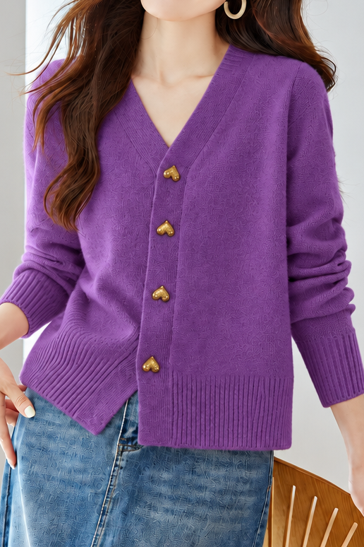 Gentle Elegant V‑Neck Heart Button Long Sleeve Knit Cardigan