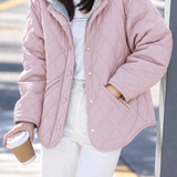 Casual Round Neck Diamond Quilted Detachable Hood Cotton Coat