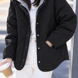 Casual Round Neck Diamond Quilted Detachable Hood Cotton Coat