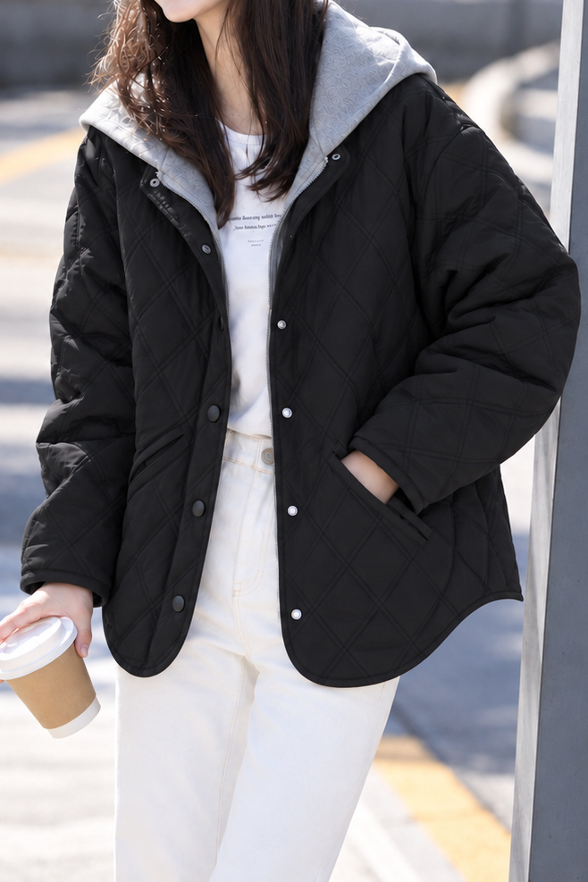 Casual Round Neck Diamond Quilted Detachable Hood Cotton Coat
