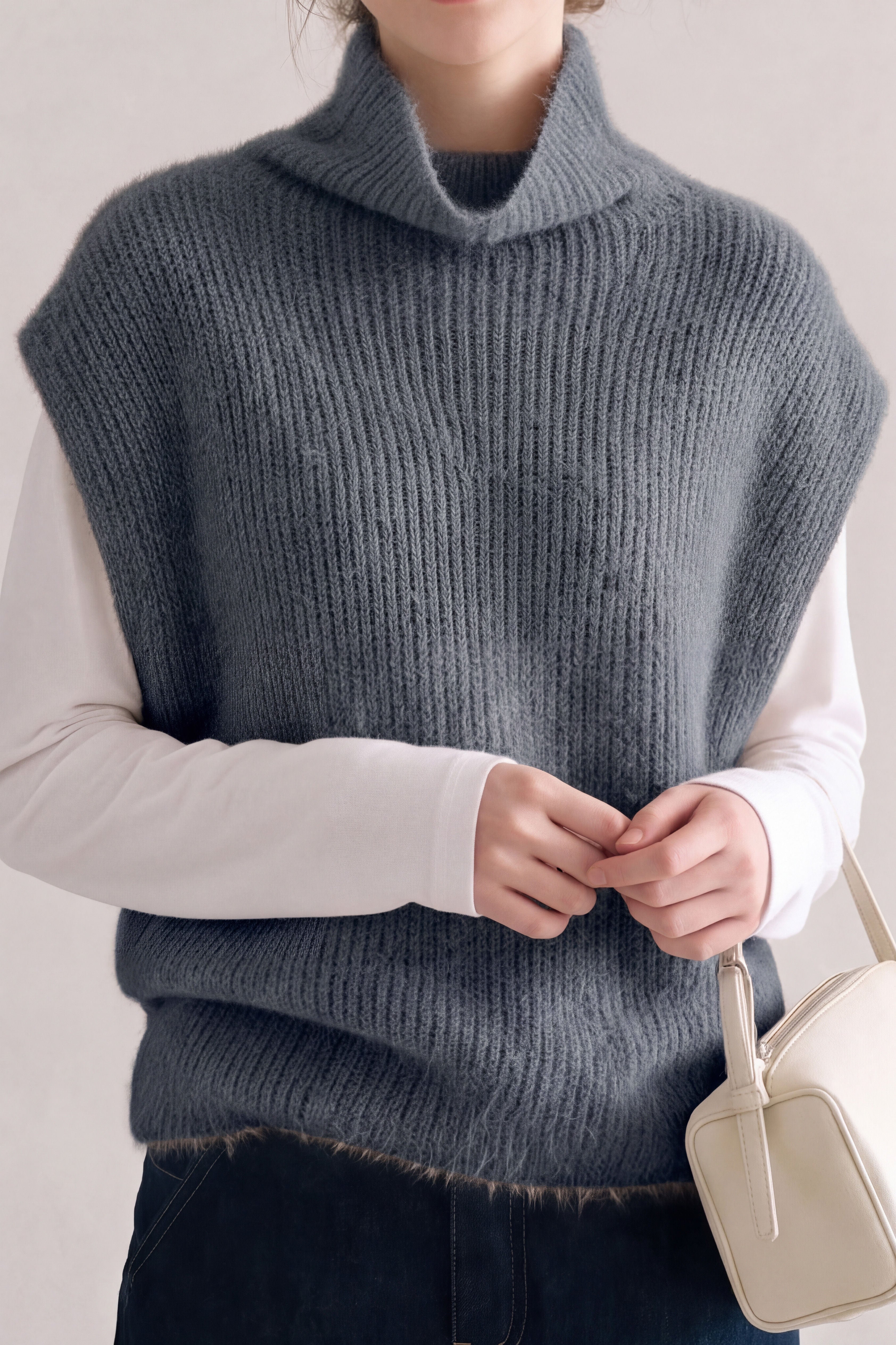 French Elegant High Neck Sleeveless Knit Vest