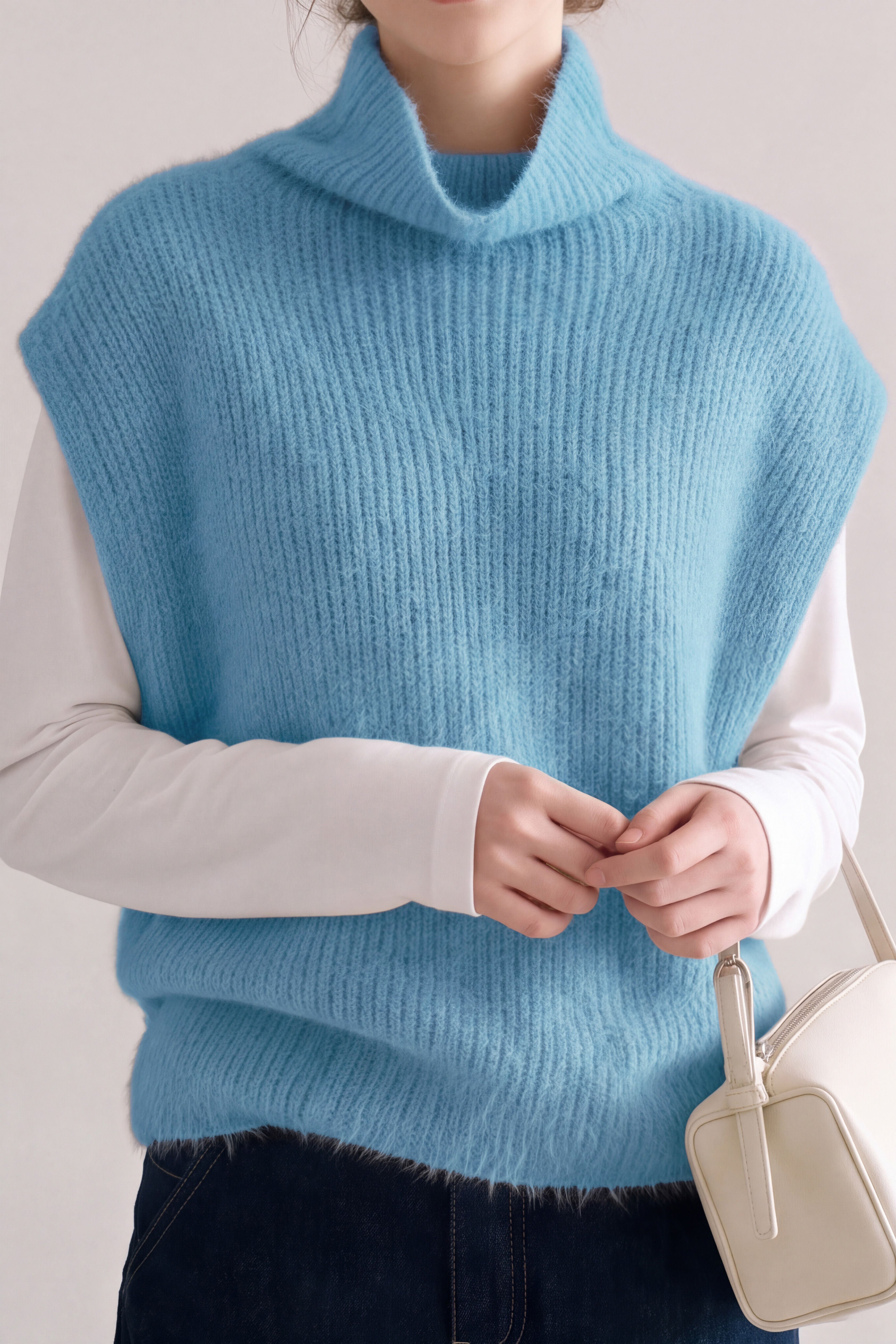 French Elegant High Neck Sleeveless Knit Vest