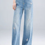 Casual High Waist Butterfly Rhinestone Wide‑Leg Denim Trousers