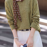 French Elegant Round Neck Polka Dot Scarf Sash Long Sleeve T‑Shirt