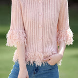 Gentle Casual V‑Neck Fringe Half‑Sleeve Knit Cardigan