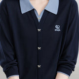 Color‑Blocked Polo Collar Bow Button Faux Two‑Piece Knit Cardigan