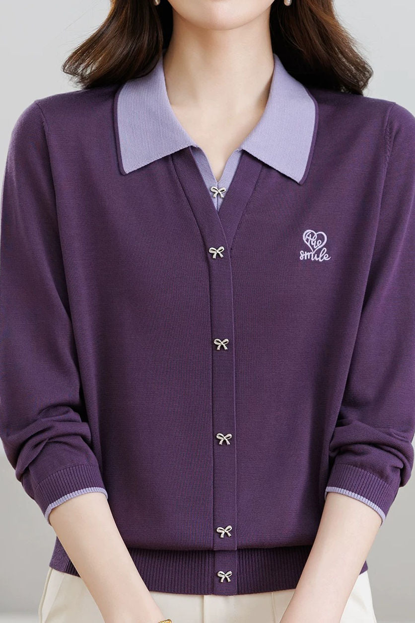 Color‑Blocked Polo Collar Bow Button Faux Two‑Piece Knit Cardigan